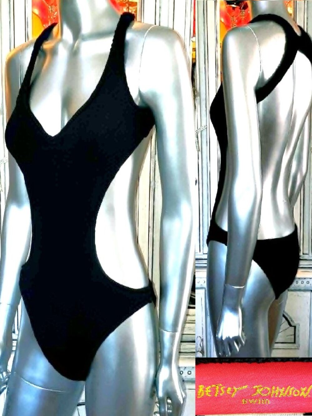 Betsey Johnson Vintage Bikini Y2K Black Textured Monokini 1 Pc Swimsuit S M L